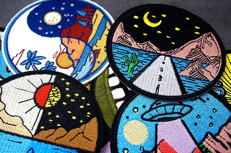 UFO Nebula Landscape Patches Embroidery For T-Shirt Iron On Appliques Clothes Jeans Stickers Badges Mountain Peak