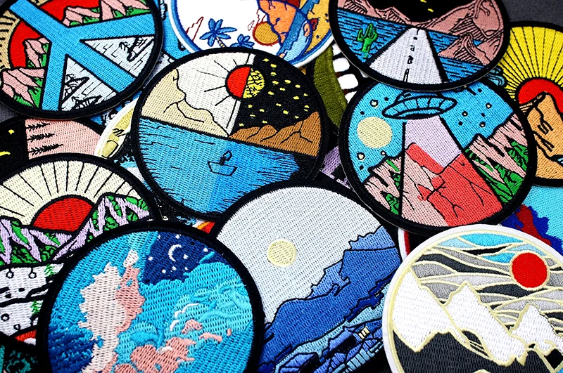UFO Nebula Landscape Patches Embroidery For T-Shirt Iron On Appliques Clothes Jeans Stickers Badges Mountain Peak