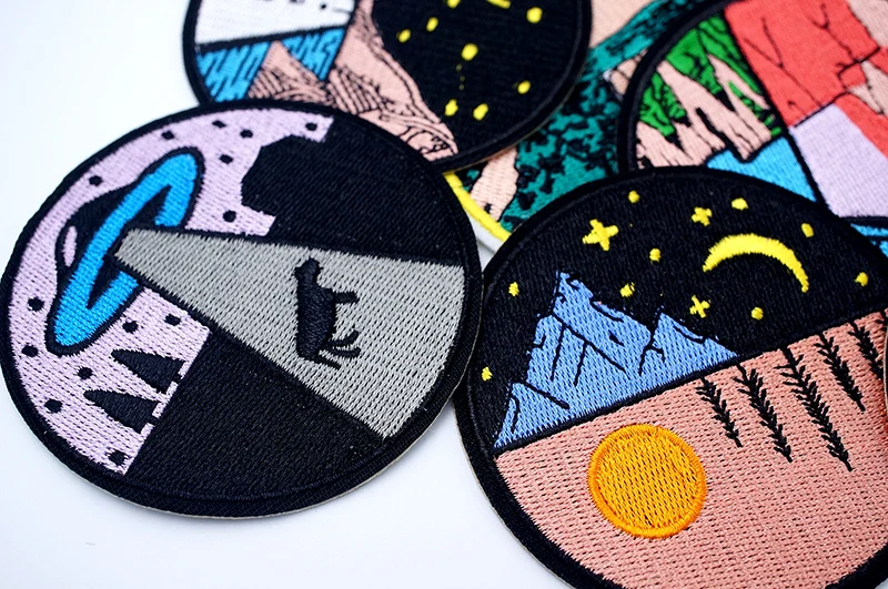 UFO Nebula Landscape Patches Embroidery For T-Shirt Iron On Appliques Clothes Jeans Stickers Badges Mountain Peak
