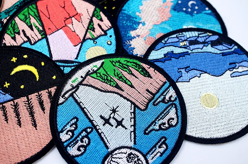 UFO Nebula Landscape Patches Embroidery For T-Shirt Iron On Appliques Clothes Jeans Stickers Badges Mountain Peak