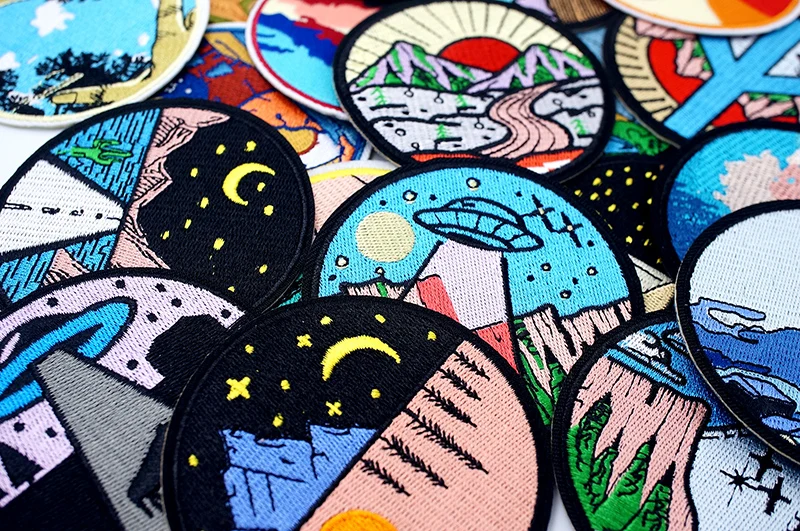 UFO Nebula Landscape Patches Embroidery For T-Shirt Iron On Appliques Clothes Jeans Stickers Badges Mountain Peak