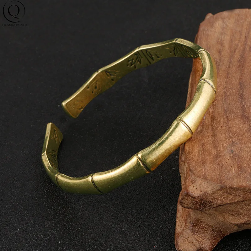 Antique Brass Metal Creative Bamboo Bracelet Bangle Pure Copper Women Fashion Punk Cuff Bangles Bracelets Women Party C-shaped