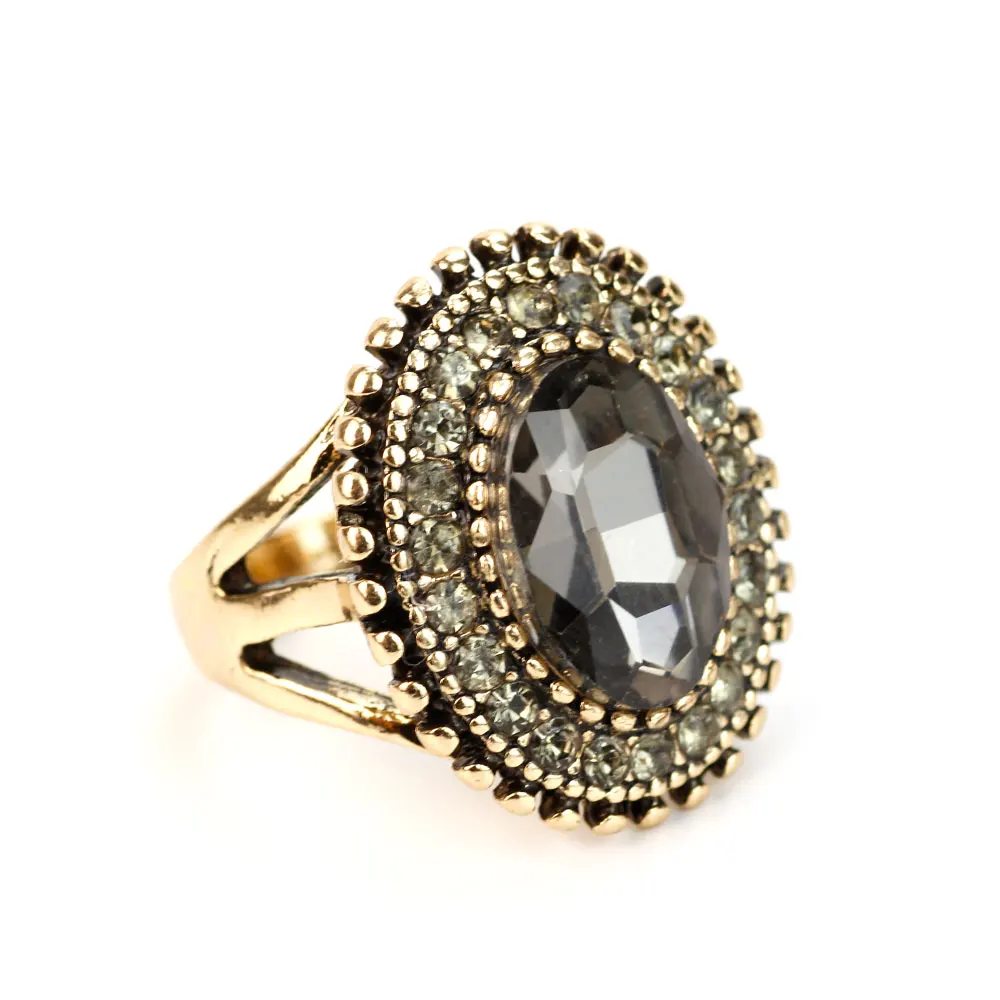 Sunspicems Luxury Gray Crystal Bridal Earring Ring For Women Antique Gold Color Bohemia Wedding Jewelry Sets Turkish Birdal Gift