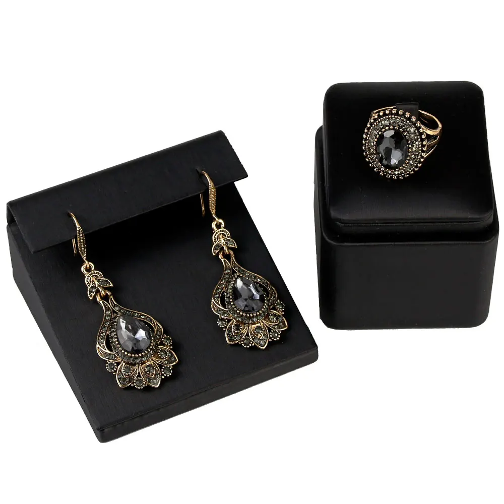 Sunspicems Luxury Gray Crystal Bridal Earring Ring For Women Antique Gold Color Bohemia Wedding Jewelry Sets Turkish Birdal Gift