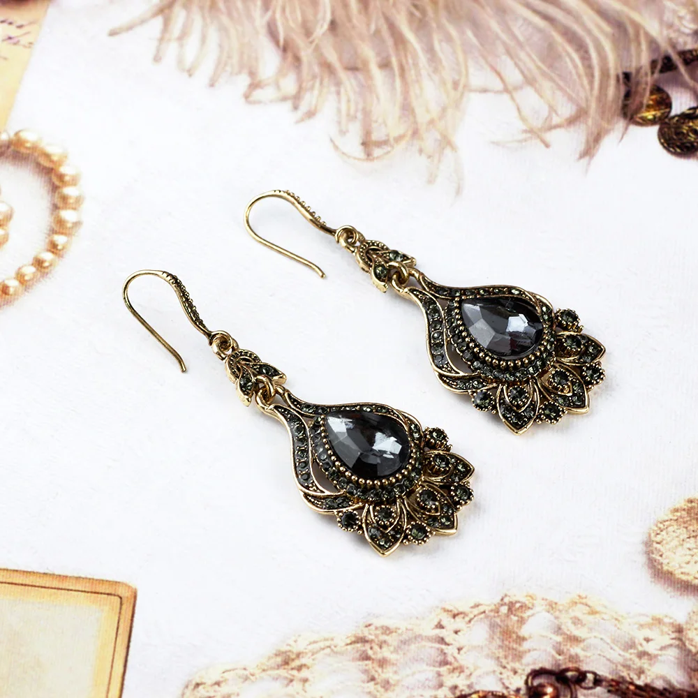 Sunspicems Luxury Gray Crystal Bridal Earring Ring For Women Antique Gold Color Bohemia Wedding Jewelry Sets Turkish Birdal Gift