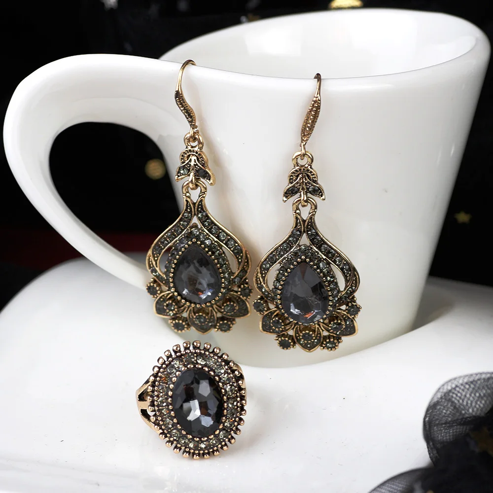 Sunspicems Luxury Gray Crystal Bridal Earring Ring For Women Antique Gold Color Bohemia Wedding Jewelry Sets Turkish Birdal Gift