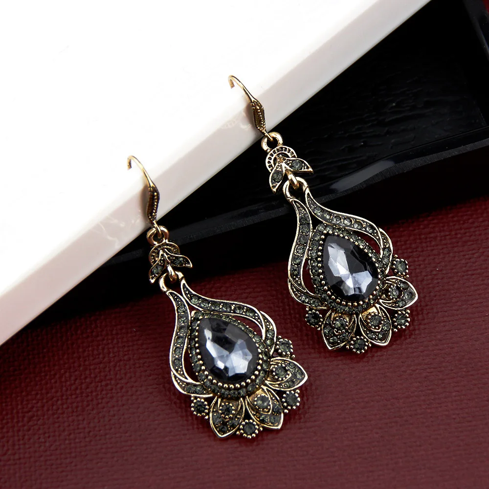 Sunspicems Luxury Gray Crystal Bridal Earring Ring For Women Antique Gold Color Bohemia Wedding Jewelry Sets Turkish Birdal Gift