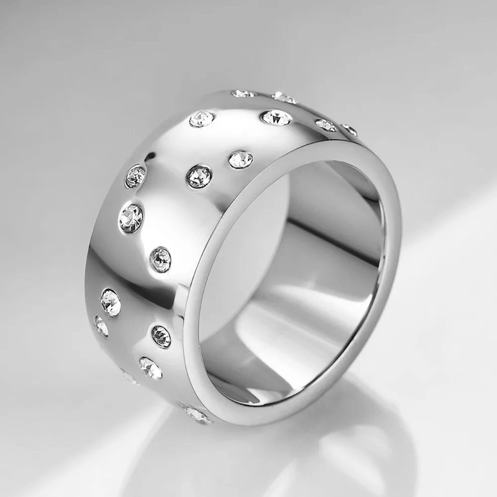 NIBASTAR Simple Stainless Steel Women 10mm Ring Shining Crystal Wedding Promise Jewelry Accessories Wholesale Retail
