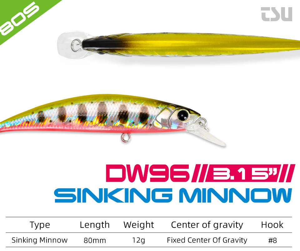 TSURINOYA DW96 80mm 12g Sinking Minnow Fishing Lure Large Trout Pike Rockfish Hard Bait Jerkbait Freshwater Saltwater Wobbler