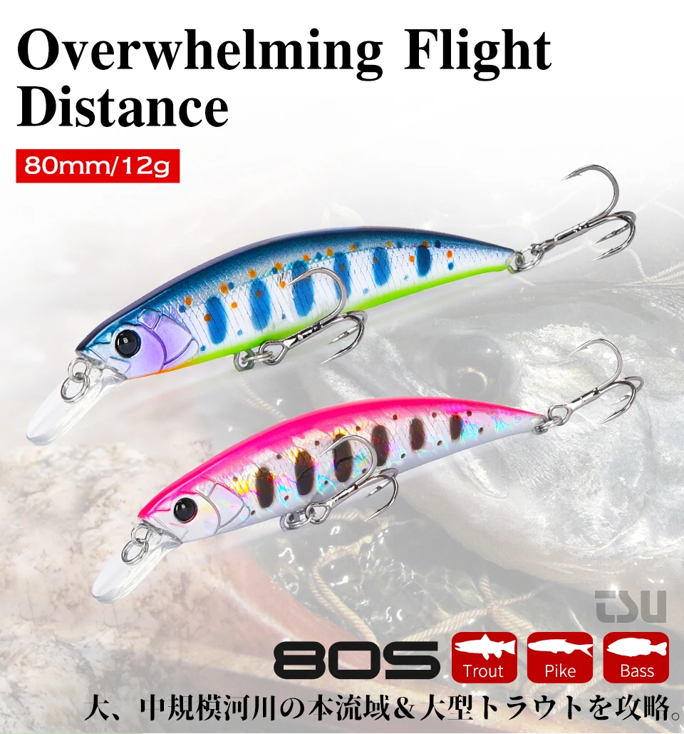TSURINOYA DW96 80mm 12g Sinking Minnow Fishing Lure Large Trout Pike Rockfish Hard Bait Jerkbait Freshwater Saltwater Wobbler