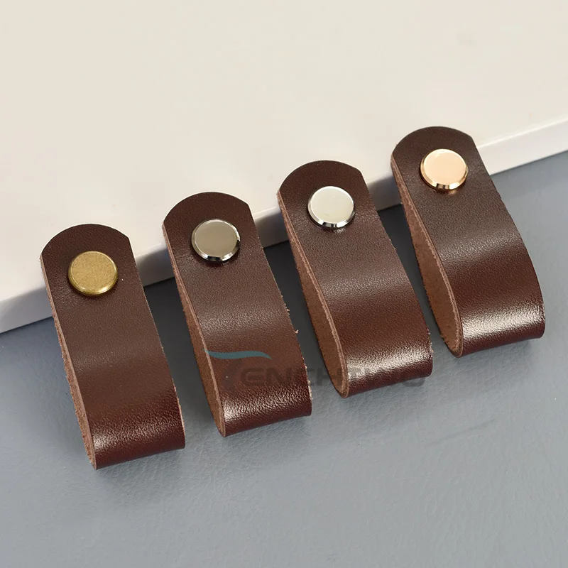 TENCHTW Cowhide Leather Cabinet Handles Furniture Dresser Wardrobe Kitchen Knobs Drawer Door Pulls Genuine Leather Black Vintage