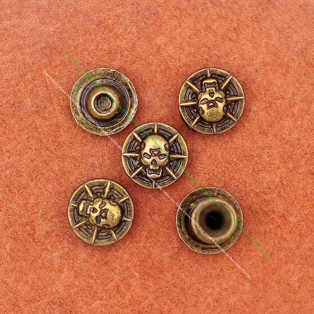 50x Punk Biker Antqiue Brass Metal Starbust Skull Leathercraft Leather Rivets Stud Set For Belt Bag Shoe Clothing