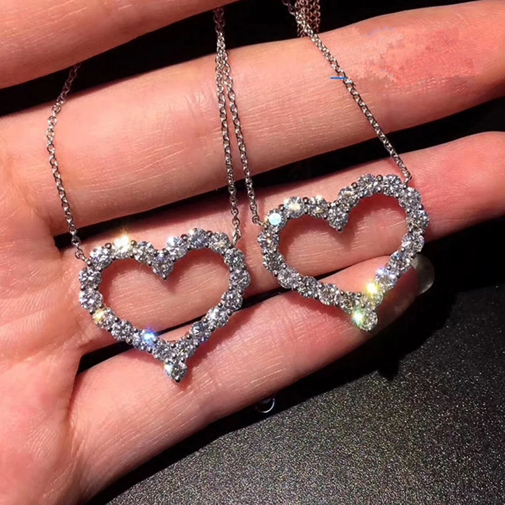 Huitan Delicate Hollow Heart Pendant Necklace Shiny Round Zircon Bridal Marriage Jewelry Versatile Statement Necklaces for Women