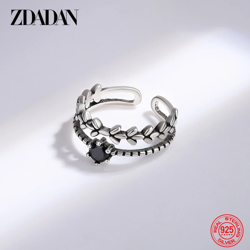 ZDADAN 925 Sterling Silver Double Layer Leaf Obsidian Rings For Women Fashion Jewelry