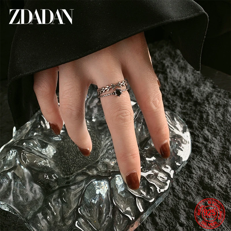 ZDADAN 925 Sterling Silver Double Layer Leaf Obsidian Rings For Women Fashion Jewelry