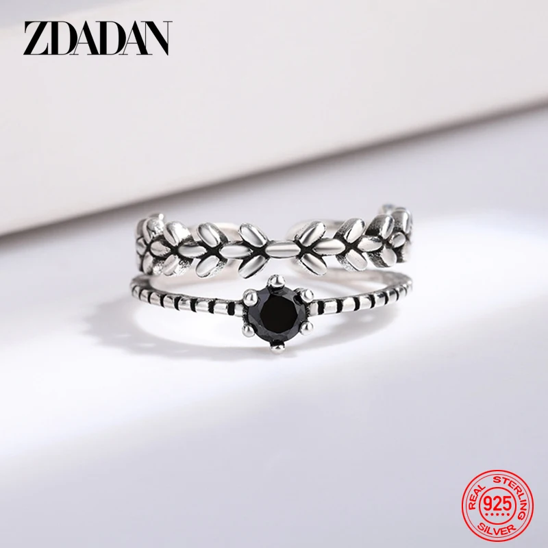 ZDADAN 925 Sterling Silver Double Layer Leaf Obsidian Rings For Women Fashion Jewelry