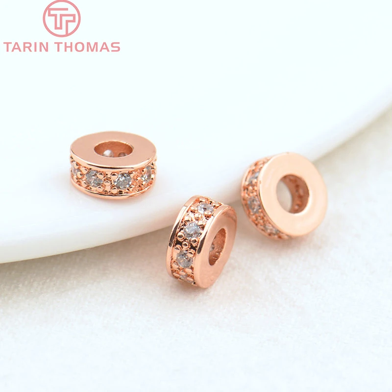 (2915)10PCS 7x3MM Hole 3MM 18K Gold Color Brass with Zircon Round Spacer Beads High Quality Jewelry Making Findings Accessories