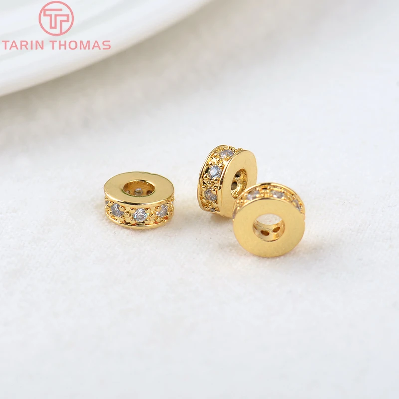 (2915)10PCS 7x3MM Hole 3MM 18K Gold Color Brass with Zircon Round Spacer Beads High Quality Jewelry Making Findings Accessories