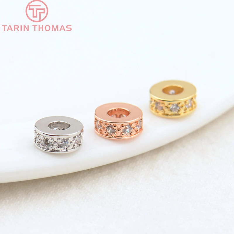 (2915)10PCS 7x3MM Hole 3MM 18K Gold Color Brass with Zircon Round Spacer Beads High Quality Jewelry Making Findings Accessories