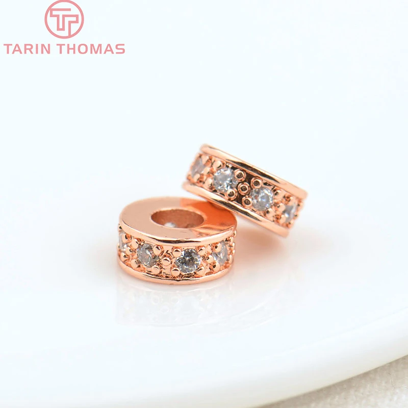 (2915)10PCS 7x3MM Hole 3MM 18K Gold Color Brass with Zircon Round Spacer Beads High Quality Jewelry Making Findings Accessories