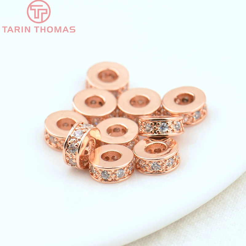 (2915)10PCS 7x3MM Hole 3MM 18K Gold Color Brass with Zircon Round Spacer Beads High Quality Jewelry Making Findings Accessories