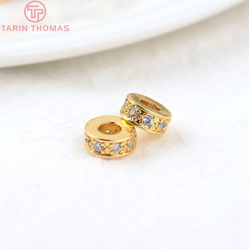 (2915)10PCS 7x3MM Hole 3MM 18K Gold Color Brass with Zircon Round Spacer Beads High Quality Jewelry Making Findings Accessories