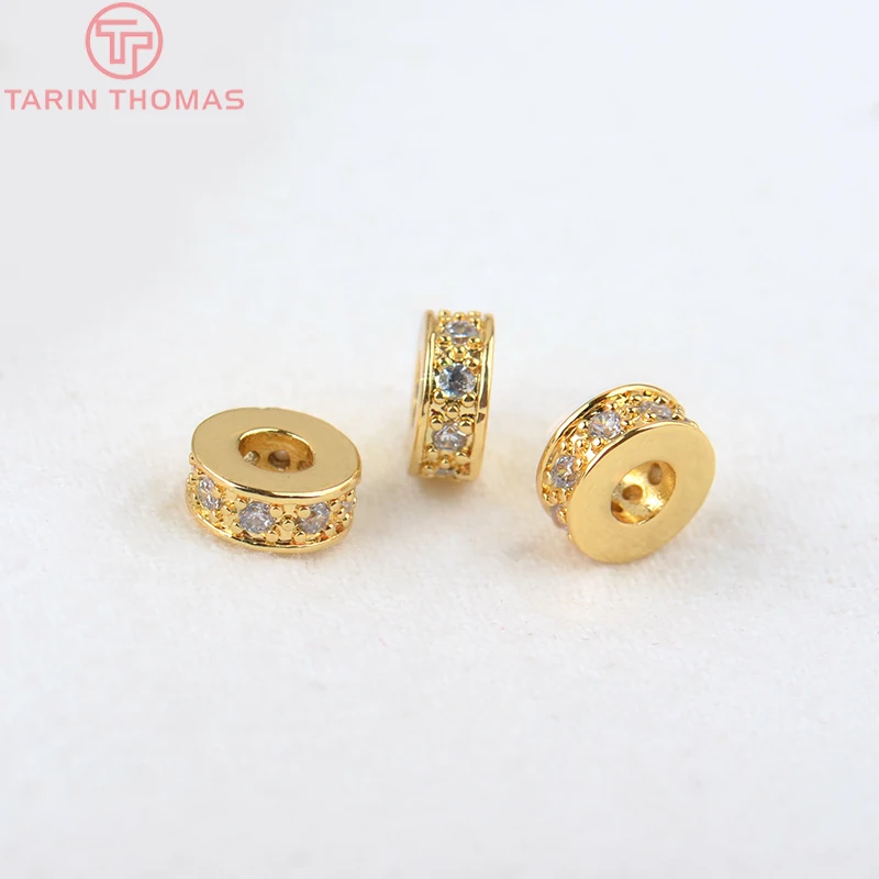 (2915)10PCS 7x3MM Hole 3MM 18K Gold Color Brass with Zircon Round Spacer Beads High Quality Jewelry Making Findings Accessories