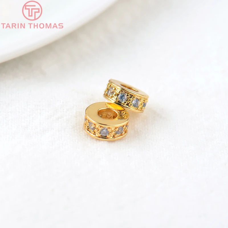 (2915)10PCS 7x3MM Hole 3MM 18K Gold Color Brass with Zircon Round Spacer Beads High Quality Jewelry Making Findings Accessories
