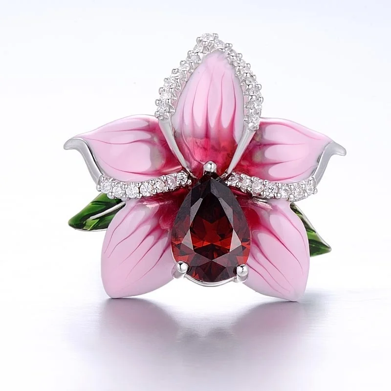 Milangirl Pink Flower Rings for Women Luxury Plant Floral Design Red Zircon Birthstone Ring Engagement Jewelry Whole Sale