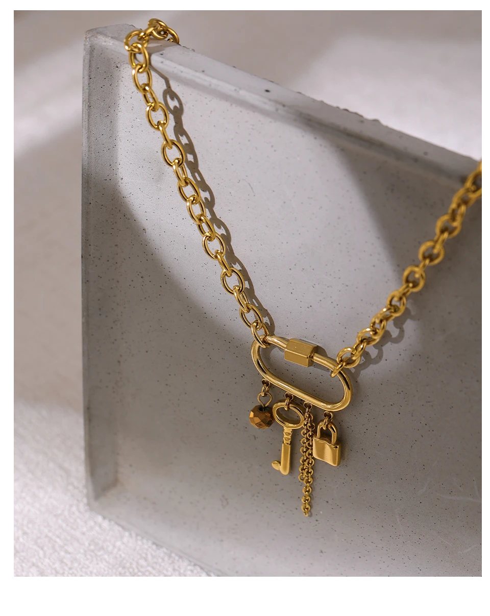 Yhpup Charm Metal Crystal Lock Key Pendant Necklace Stainless Steel Chain Choker Trendy Jewelry Collane Donna Statement Party