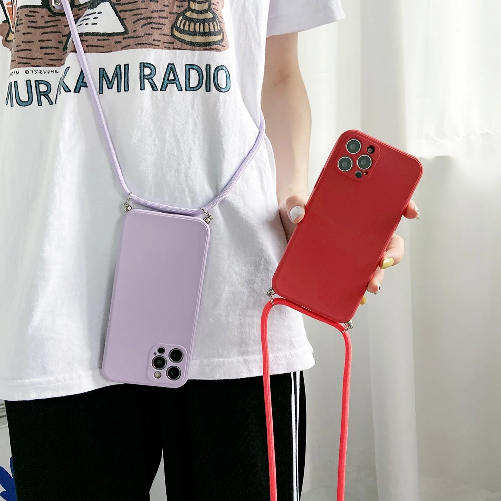 Crossbody Necklace Strap Lanyard Cord Liquid Silicone Phone Case For iphone 16 15 14 13 12 MiNi 11 Pro X XR XS Max 7 8Plus Cover