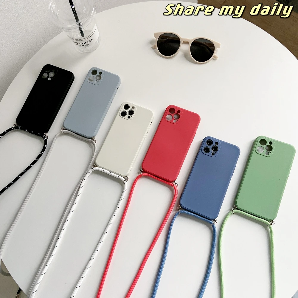 Crossbody Necklace Strap Lanyard Cord Liquid Silicone Phone Case For iphone 16 15 14 13 12 MiNi 11 Pro X XR XS Max 7 8Plus Cover