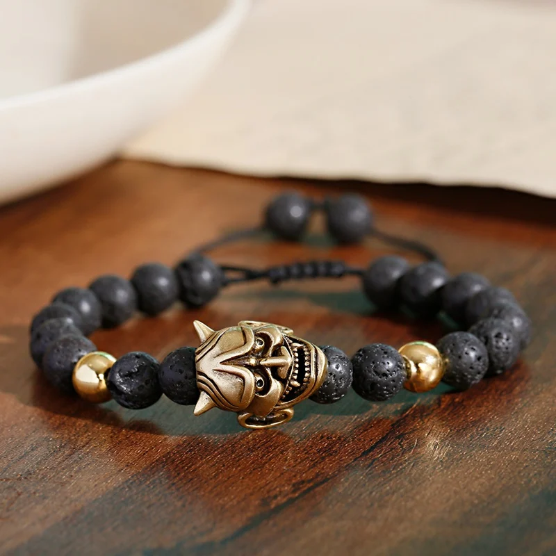 Classic Lava Stone Beaded Men Bracelet Fashion Demon Skull Alloy Braided Rope Bangles Pulsera Hombre