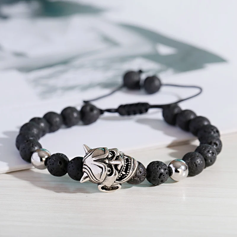Classic Lava Stone Beaded Men Bracelet Fashion Demon Skull Alloy Braided Rope Bangles Pulsera Hombre