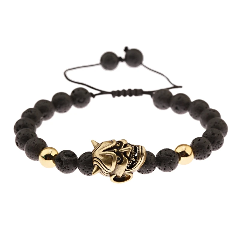 Classic Lava Stone Beaded Men Bracelet Fashion Demon Skull Alloy Braided Rope Bangles Pulsera Hombre