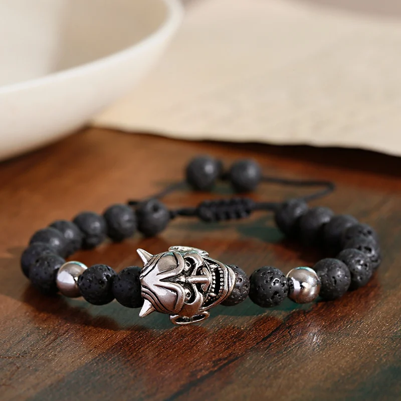 Classic Lava Stone Beaded Men Bracelet Fashion Demon Skull Alloy Braided Rope Bangles Pulsera Hombre