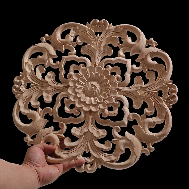 Round Flower Exquisite Carving Natural Wood Appliques Furniture Wooden Mouldings Vintage Unpainted Accessories Decoration Decal