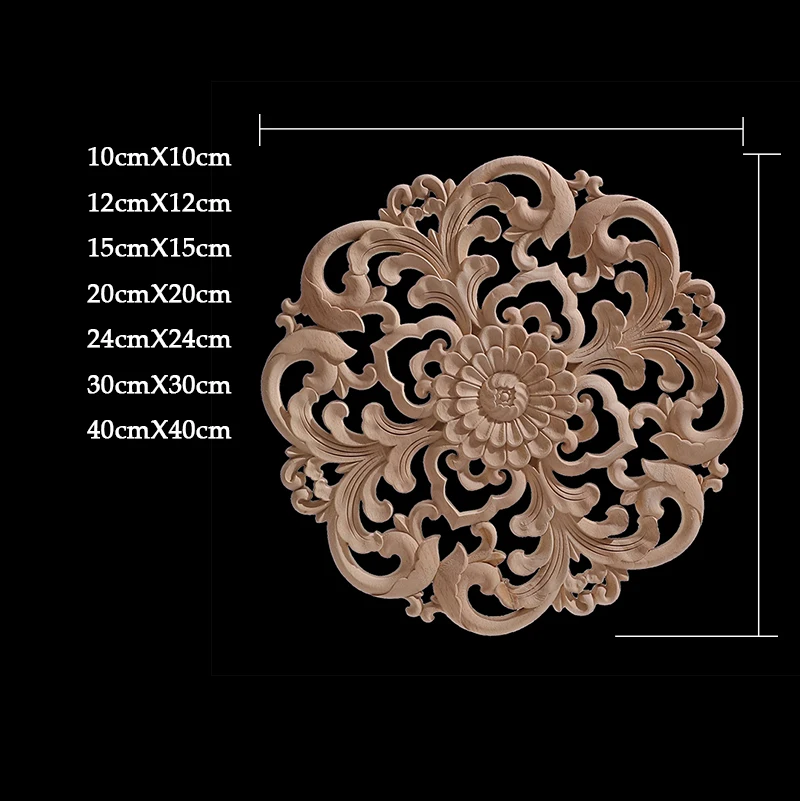 Round Flower Exquisite Carving Natural Wood Appliques Furniture Wooden Mouldings Vintage Unpainted Accessories Decoration Decal