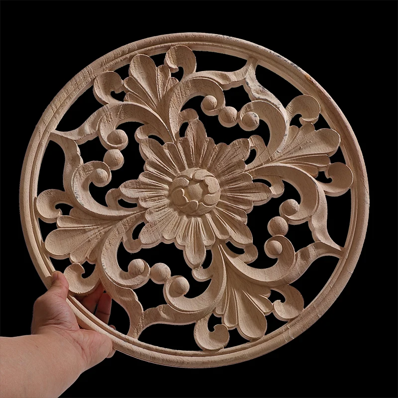Round Flower Exquisite Carving Natural Wood Appliques Furniture Wooden Mouldings Vintage Unpainted Accessories Decoration Decal