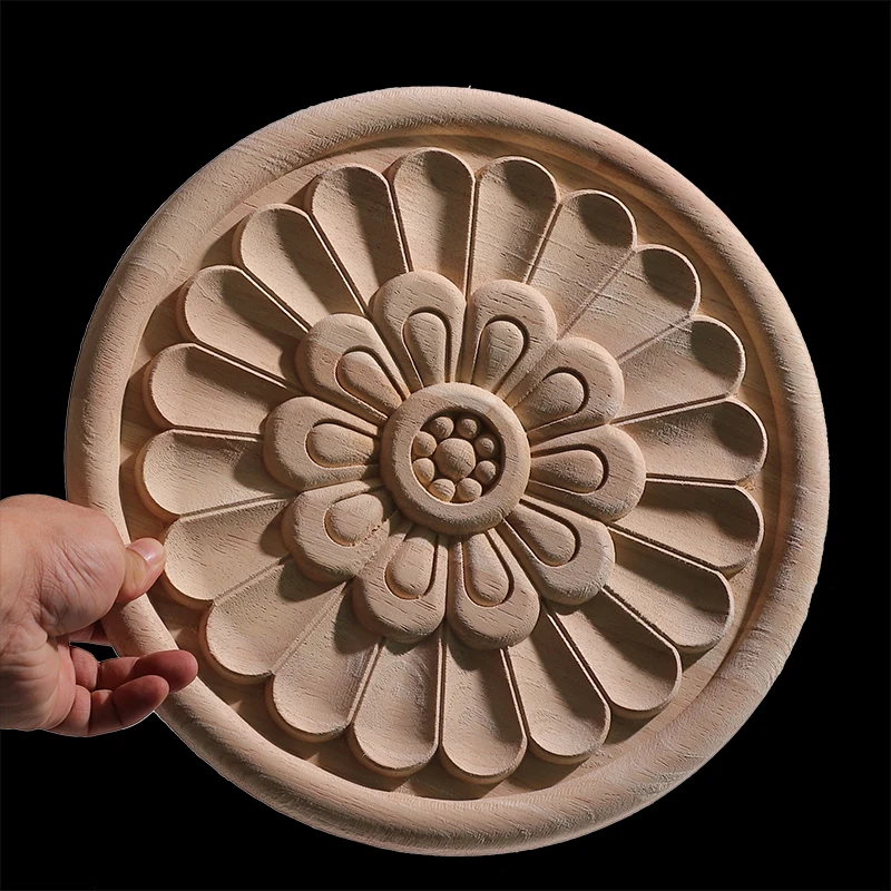 Round Flower Exquisite Carving Natural Wood Appliques Furniture Wooden Mouldings Vintage Unpainted Accessories Decoration Decal