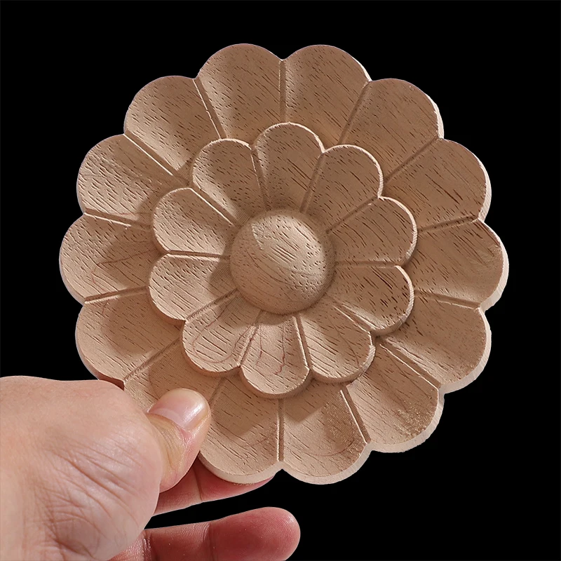 Round Flower Exquisite Carving Natural Wood Appliques Furniture Wooden Mouldings Vintage Unpainted Accessories Decoration Decal