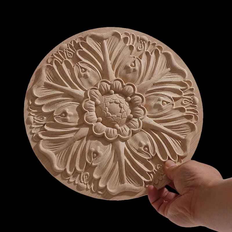 Round Flower Exquisite Carving Natural Wood Appliques Furniture Wooden Mouldings Vintage Unpainted Accessories Decoration Decal
