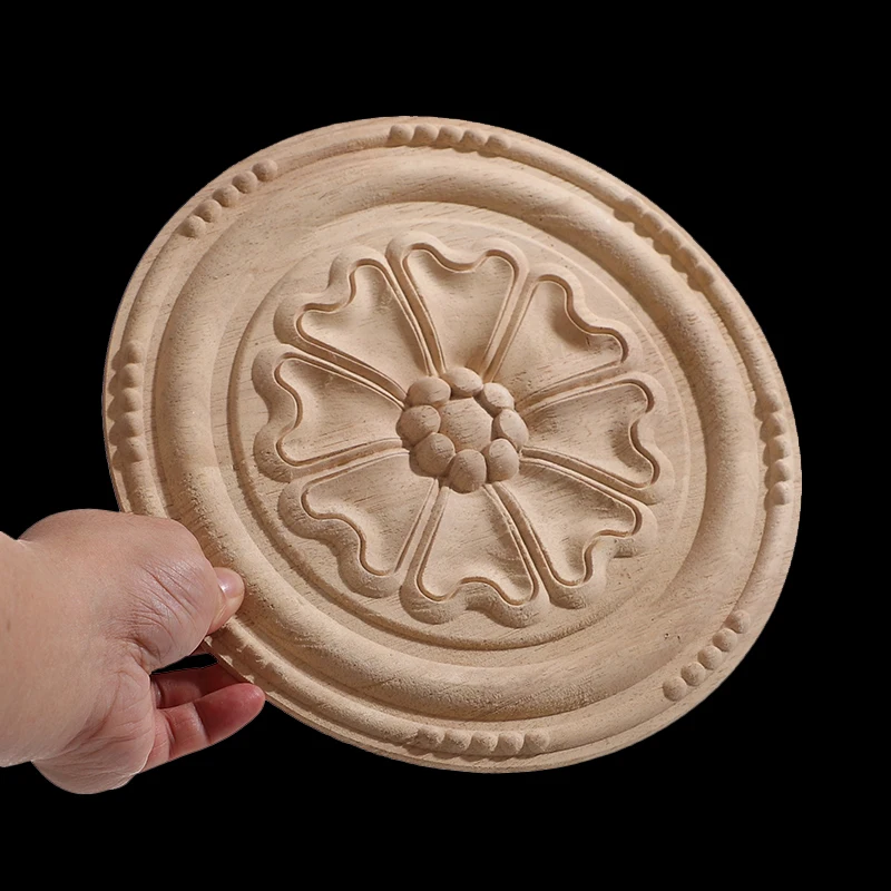 Round Flower Exquisite Carving Natural Wood Appliques Furniture Wooden Mouldings Vintage Unpainted Accessories Decoration Decal
