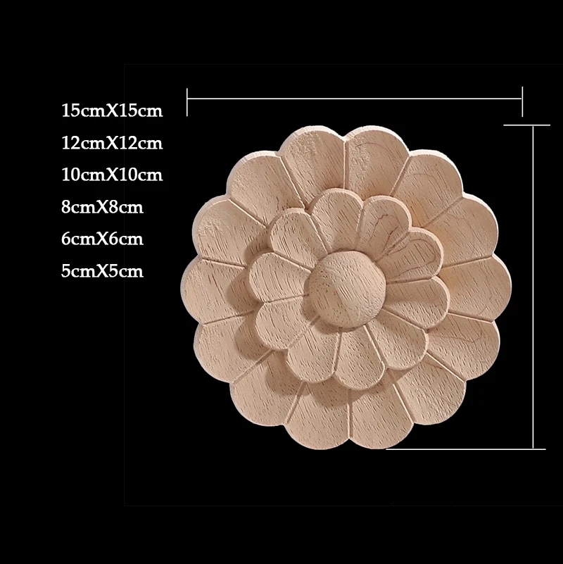 Round Flower Exquisite Carving Natural Wood Appliques Furniture Wooden Mouldings Vintage Unpainted Accessories Decoration Decal