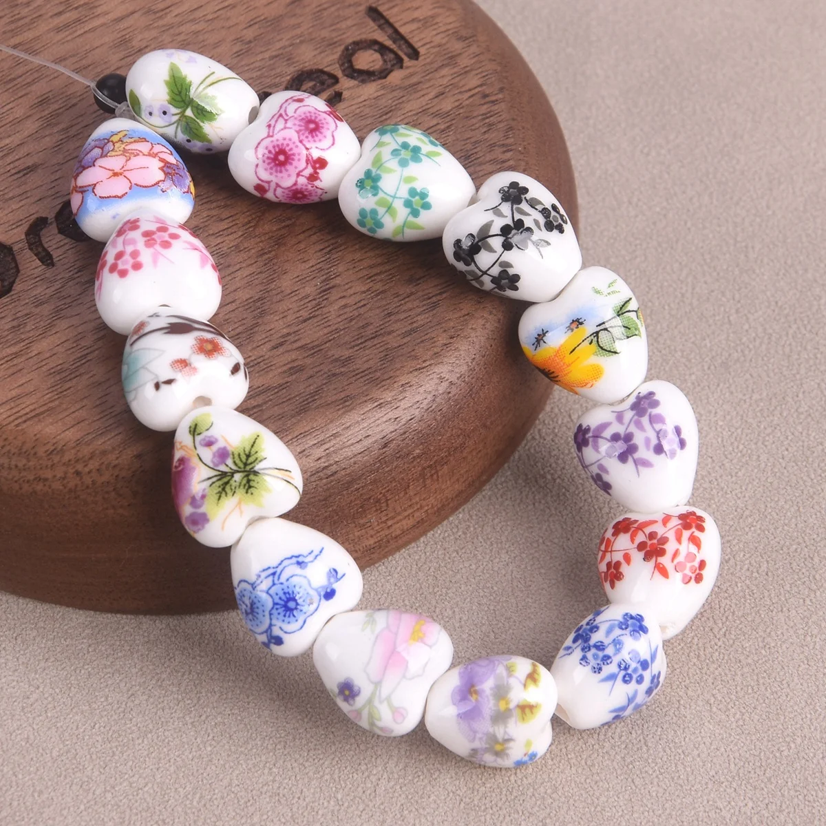 10pcs 13x12mm Heart Shape Flower Patterns Ceramic Porcelain Loose Crafts Beads For Jewelry Making DIY Findings