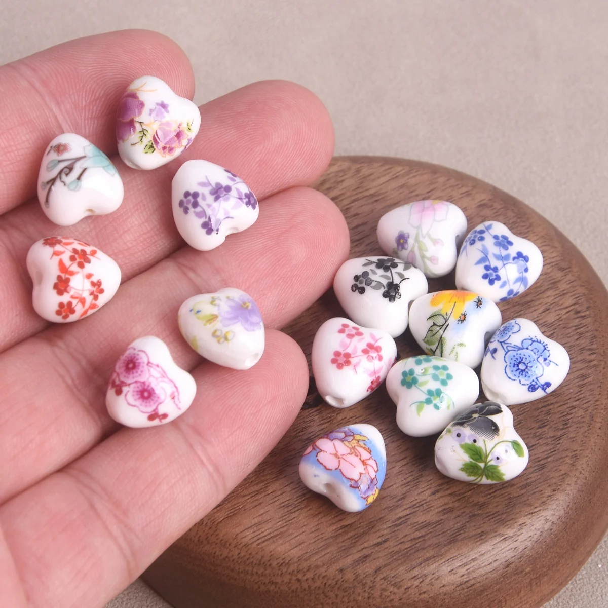 10pcs 13x12mm Heart Shape Flower Patterns Ceramic Porcelain Loose Crafts Beads For Jewelry Making DIY Findings