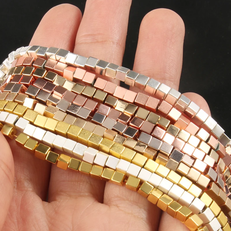 2/3/4mm Gold Plated Hematite beads Natural Matte Stone Square Spacer Loose bead for Jewelry Bracelet Making DIY accessories 15''