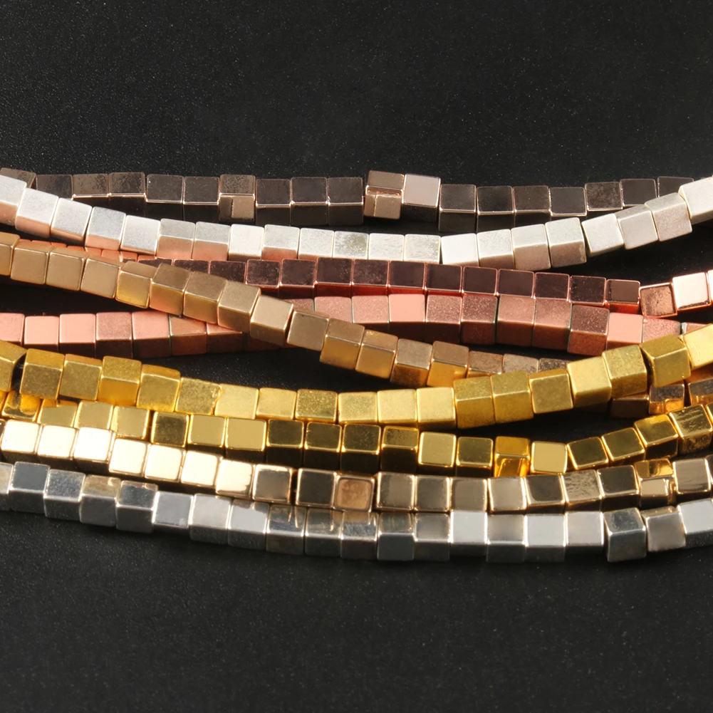 2/3/4mm Gold Plated Hematite beads Natural Matte Stone Square Spacer Loose bead for Jewelry Bracelet Making DIY accessories 15''