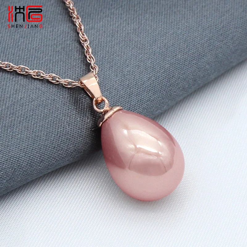 SHENJIANG Fashion Elegant 585 Rose Gold Color Water Drop Simulated Pearl Pendant Necklace For Women Wedding Party Jewelry
