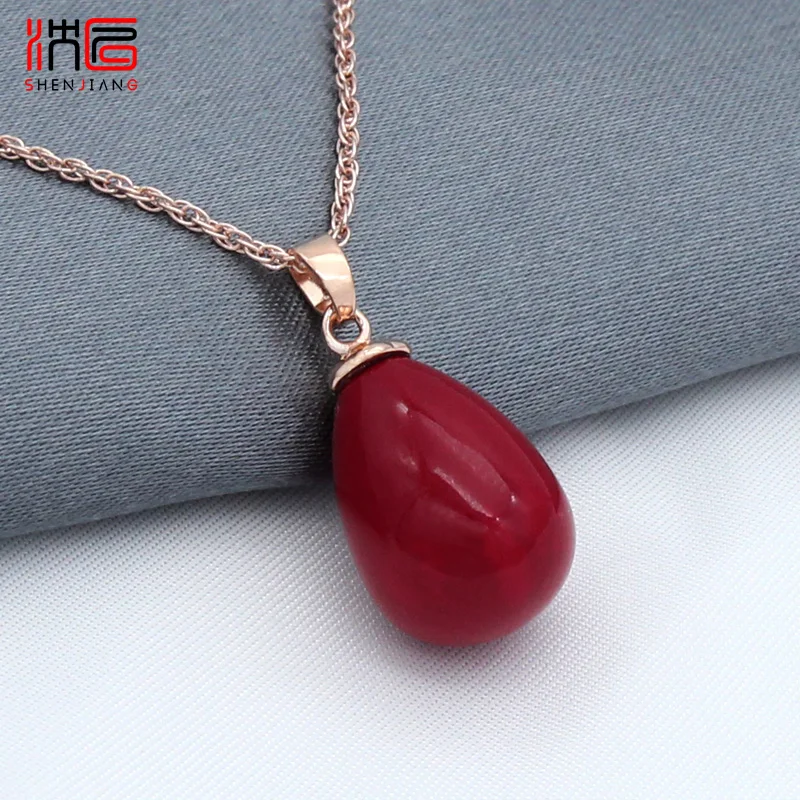 SHENJIANG Fashion Elegant 585 Rose Gold Color Water Drop Simulated Pearl Pendant Necklace For Women Wedding Party Jewelry